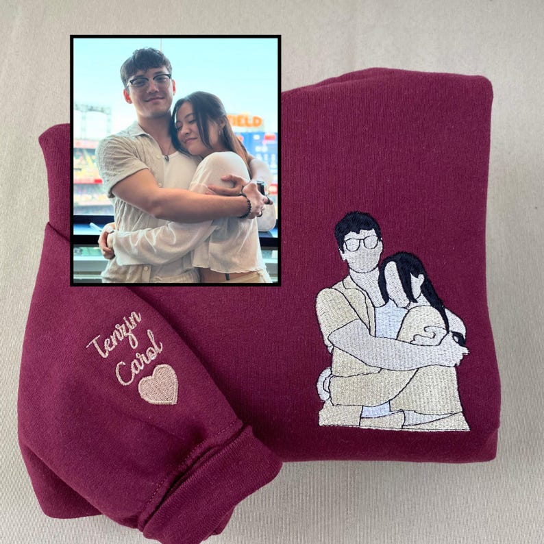 Personalized AffectionEmbroide® Matching Couple Portrait Hoodies | Custom Embroidered Sweatshirts | Anniversary & Long Distance Relationship Gifts