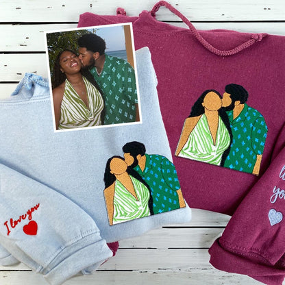 Personalized AffectionEmbroide® Matching Couple Portrait Hoodies | Custom Embroidered Sweatshirts | Anniversary & Long Distance Relationship Gifts